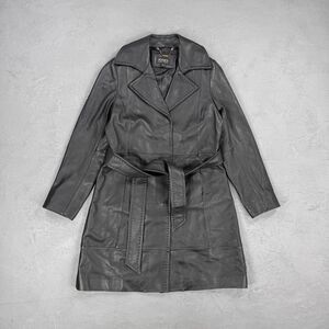 Vintage Jones New York Black Leather Snap Front Belted Long Coat Women's Small